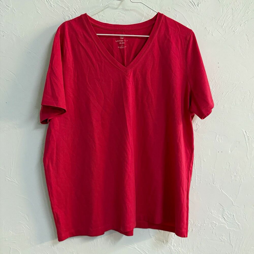 Lands' End Women’s L  Pink Solid V-Neck Short Sleeve Cotton Jersey T-Shirt